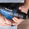 A close-up shot of a person's hands holding a blue and black cordless drill, with text overlays describing its features. Produktbild-Vorschau