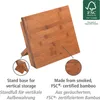 A bamboo knife block with informational callouts and a FSC logo. Produktbild-Vorschau