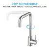 A stainless steel kitchen faucet is shown with a graphic indicating its 360-degree swivel capability. Produktbild-Vorschau