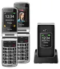 A flip phone and its charging cradle are displayed against a white background. Voir les images du produit