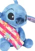A close-up of a blue plush toy character, Stitch, holding a surfboard with a floral pattern. Anteprima dell’immagine prodotto