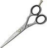 A pair of silver hairdressing scissors with black finger grips and a gold accent on a white background. Voir les images du produit