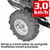 A close-up of a large, rugged tire on a piece of machinery, with a red overlay indicating a speed of 3.0 km/h. Produktbild-Vorschau