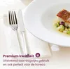 A close-up of a fork and knife set on a white napkin, next to a plate of food. Podgląd zdjęcia produktu