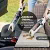 A split image showing a handheld vacuum cleaner being used in a car interior and on an outdoor cushion. Podgląd zdjęcia produktu