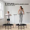 A mother and son are shown using mini trampolines indoors, with text indicating adjustable handlebar heights. Produktbild-Vorschau