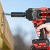 A hand is using a cordless impact wrench to tighten a bolt on a wooden structure. Voir les images du produit