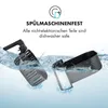 Two parts of a black kitchen appliance are shown submerged in water, with text indicating they are dishwasher safe. Produktbild-Vorschau