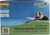 A box of Planet Pool flocculant cartridges is shown with a woman relaxing by a pool. Produktbild-Vorschau