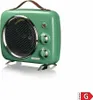 A green retro-style electric heater with a brown leather handle, shown on a white background. Náhled obrázku produktu