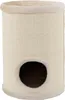 A close-up studio shot of a beige cat scratching tower with a circular entrance hole. Produktbild-Vorschau