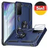 A dark blue phone case with a ring holder and screen protectors, along with a circular graphic indicating "5in1" and the German flag.