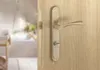 A close-up of a bronze door handle and lock mechanism on a wooden door, with a blurred interior visible through the open doorway. Produktbild-Vorschau