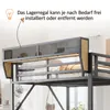 Close-up view of the top section of a bunk bed, highlighting a storage shelf with a mesh front. Voir les images du produit