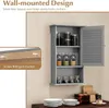 A gray wall-mounted cabinet with its door open, displaying shelves with jars and bottles. A smaller inset image shows screw fittings. Podgląd zdjęcia produktu