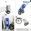A collage of four images showing different uses and storage of an Andersen Shopper shopping trolley. Produktbild-Vorschau