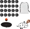 A collage of images showing components of a magnetic Xiangqi game, including black magnetic stones, a shoelace, a drawstring bag, and a hand interacting with the game pieces. Produktbild-Vorschau