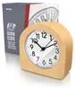 A wooden alarm clock is shown in front of its packaging. Produktbild-Vorschau