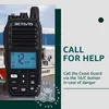 A handheld marine radio is shown in front of a boat and water, with text overlay providing instructions. Náhled obrázku produktu