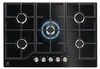 A top-down view of a black gas stovetop with five burners, one of which is lit with a blue flame. Produktbild-Vorschau