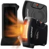 Three black KRUMAD heaters are shown, with one emitting orange heat waves. Voir les images du produit