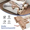A bed with drawers open, showing storage capacity, and icons indicating what can be stored. Produktbild-Vorschau