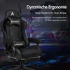 A black gaming chair is shown in front of a futuristic, abstract background with grid lines and glowing elements. Produktbild-Vorschau