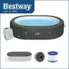 An inflatable hot tub and its accessories are displayed against a white background. The hot tub is filled with blue water and has a control unit attached. Below the hot tub are a cover, a filter housing, and a filter cartridge. Produktbild-Vorschau