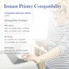 A woman in glasses and a striped shirt is holding a tablet and looking at a printer. Text lists compatible printer models. Produktbild-Vorschau