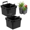 Two black plastic pot inserts with handles are shown in the foreground, with three decorative planters containing plants in the background. Produktbild-Vorschau