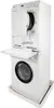 A white stacked washer and dryer unit with a folding shelf in between. Produktbild-Vorschau