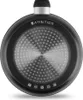The underside of a black frying pan with a textured metallic center and several small icons along the bottom edge. Podgląd zdjęcia produktu