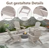 Four Adirondack chairs are arranged around a fire pit on a paved patio, with a stone wall and plants in the background. Inset circles highlight product features. Produktbild-Vorschau