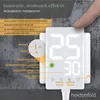 A close-up marketing image of a white digital thermostat with a finger touching the screen, set against a textured gray background. Text overlays highlight product features. Produktbild-Vorschau