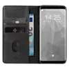 A black leather flip phone case with card slots and a euro banknote is shown next to a smartphone displaying the time and date. Produktbild-Vorschau