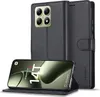 A black leather flip case for a Xiaomi 14T Pro phone is shown with the phone inside, displaying its screen. Produktbild-Vorschau