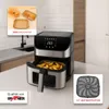 A digital air fryer is shown on a kitchen counter, with accessories and product features highlighted in smaller insets. Produktbild-Vorschau
