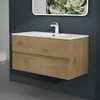 A modern bathroom vanity with a wooden finish and a white sink, mounted on a dark gray wall. Produktbild-Vorschau