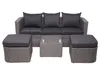 A three-seater sofa set with two ottomans and a coffee table, all made of woven material with dark gray cushions, displayed on a white background. Produktbild-Vorschau