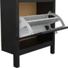 A black shoe cabinet with two open flip doors revealing white shelves. Podgląd zdjęcia produktu