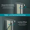 Diagrams illustrating the lifting and lowering mechanism of a shower door, with German text explaining its function. Produktbild-Vorschau