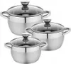 Three stainless steel pots with glass lids are arranged in a staggered formation against a white background. Produktbild-Vorschau