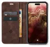 A brown leather wallet-style phone case is open, revealing credit cards and a banknote. A smartphone is attached to the right side of the case. Produktbild-Vorschau