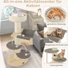 A collage of images showcasing a cat tree in a living room setting, with close-ups of its features and cats interacting with it. Podgląd zdjęcia produktu