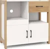 A white and wood-colored cabinet with two doors and a drawer, shown from the front. Podgląd zdjęcia produktu