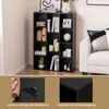 A black bookshelf filled with decorative items and books, shown in a room setting with a sofa. Below the main image are two close-up shots highlighting product features. Podgląd zdjęcia produktu