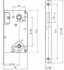 Technical drawing with dimensions of a lock mechanism and strike plate. Podgląd zdjęcia produktu