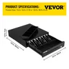 A black cash drawer with its tray extended, showing compartments for bills and coins. Dimensions are indicated with measurement lines and text. Produktbild-Vorschau