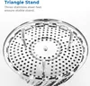 Close-up overhead view of a stainless steel steamer basket with a triangle stand. Produktbild-Vorschau