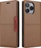 A brown leather flip wallet phone case for an iPhone 12 Pro Max is shown from two angles. Produktbild-Vorschau